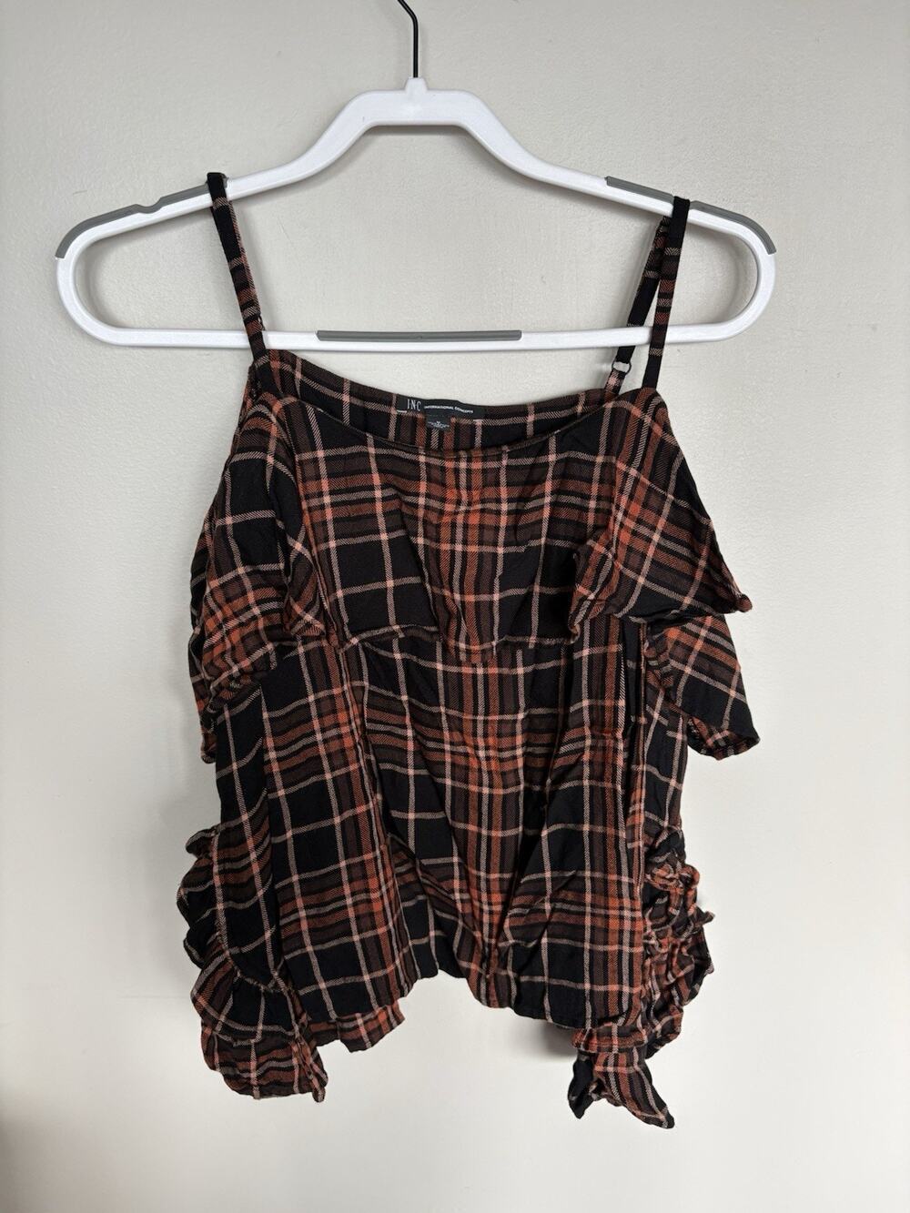INC Women’s M Plaid Cold Shoulder Ruffle Peasant Top Fall Prairiecore Romantic